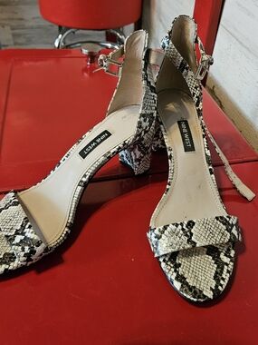 Nine West Black and White Snake-Print Block Heel Sandals